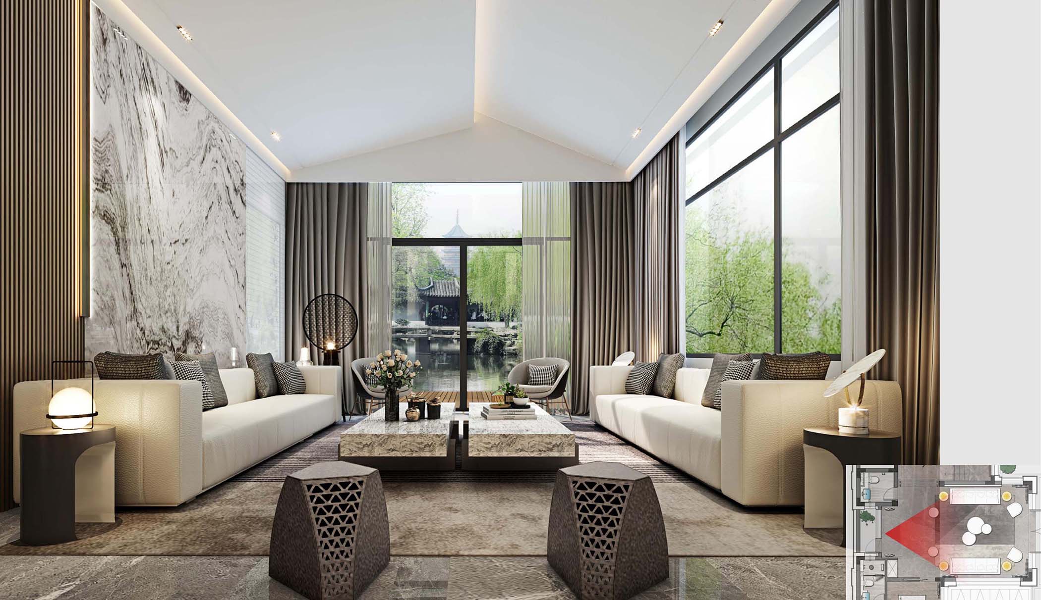 太平.某山庄A户型新中式样板间装饰装修工程(图1)